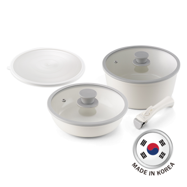 MEGASTONE KPH-SET2W 白色易潔鑊煲套裝 (韓國製造) - 可拆式手柄、多爐具兼容