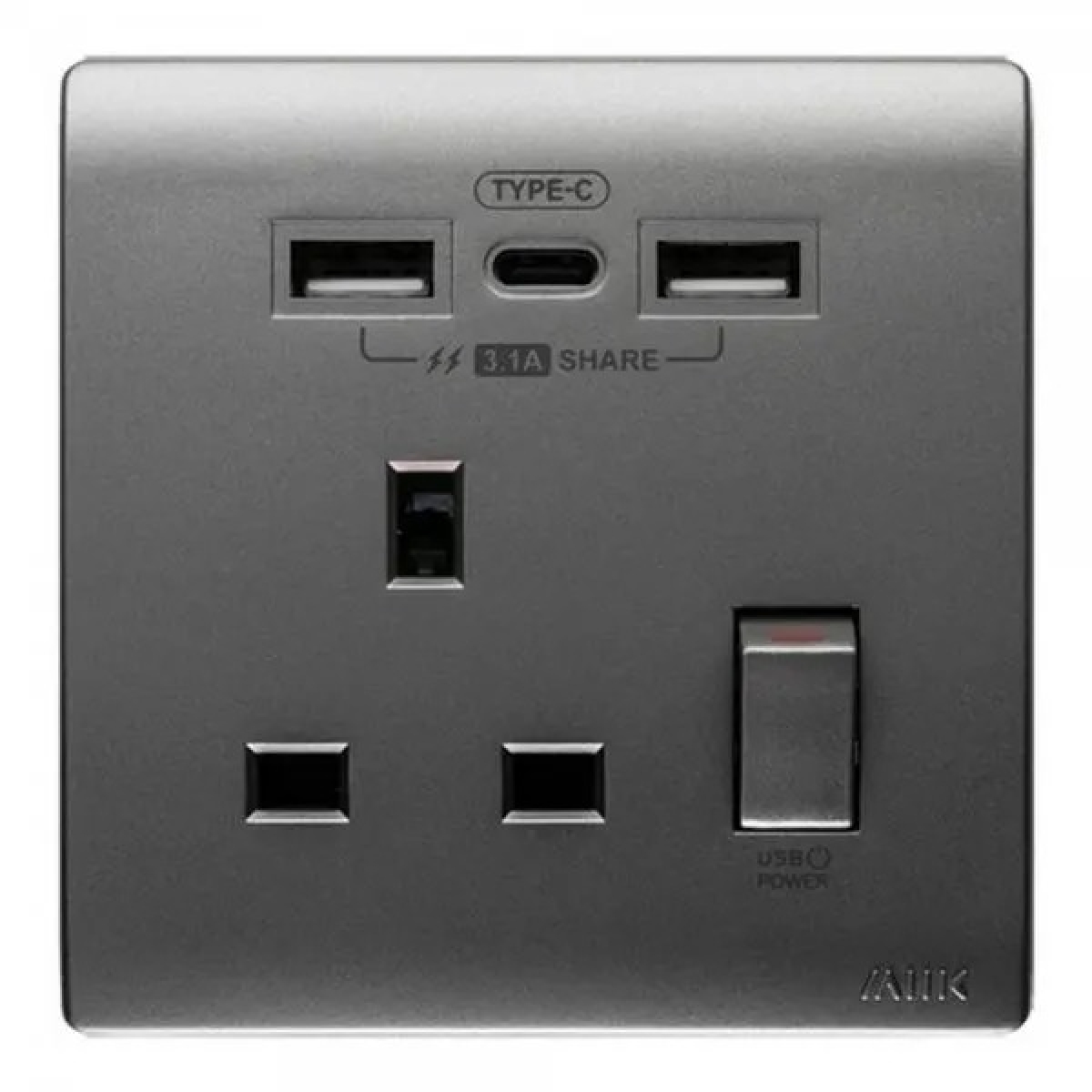 M2K TC105APC3-G 單孔USB電掣插座 - Type-C 3.1A，智能斷電，碳灰