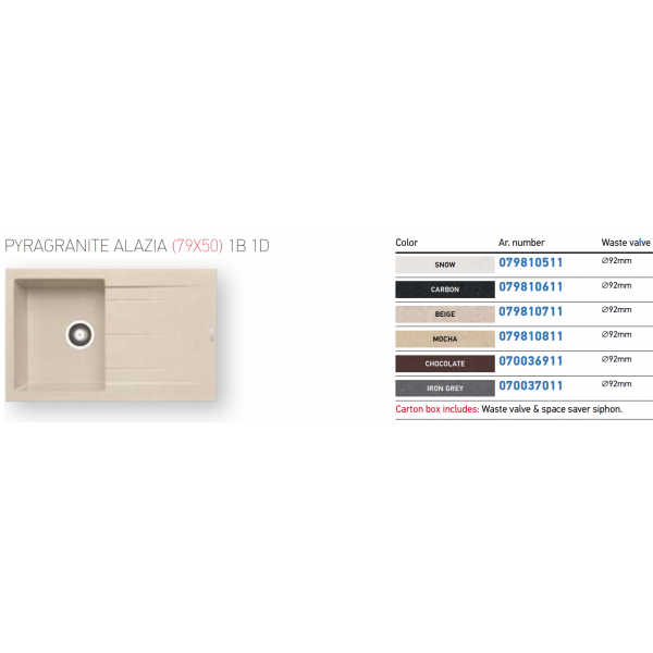 Pyramis 百利美 079810611 Alazia 花崗岩廚房昇盤 (79x50) 1B 1D (炭黑色)