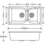 Kitco XW-880-BK 石英台上式雙鋅盆 (黑色, 870x475mm)