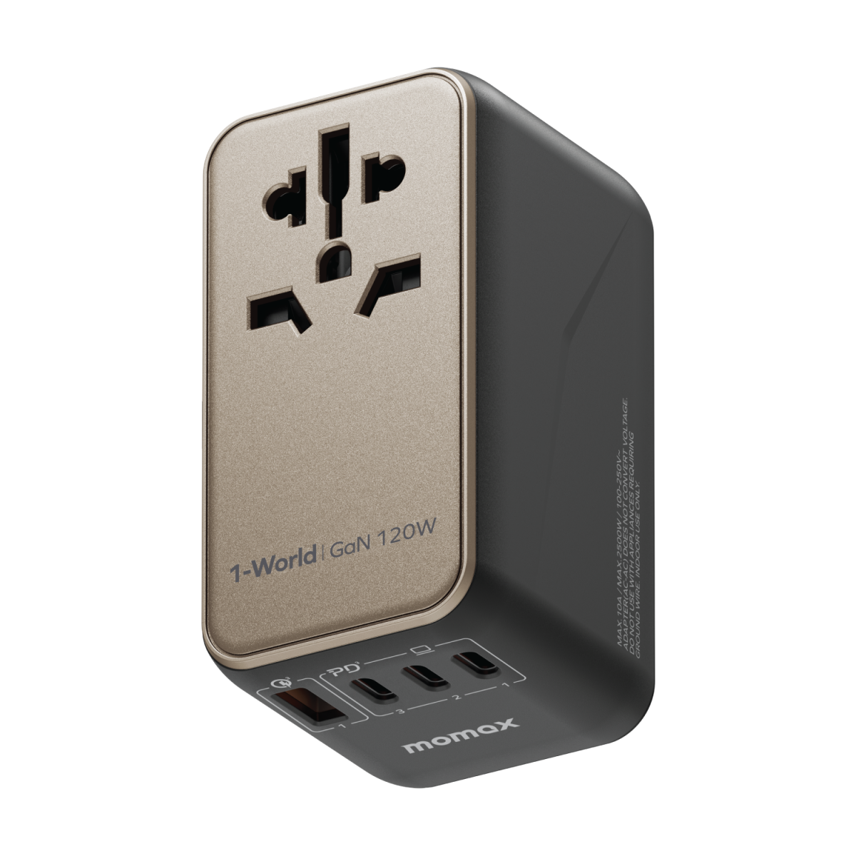 Momax 1-World 120W GaN 旅行插座 (UA15UKGSD): 3xUSB-C+1xUSB-A、全球通用、100W PD快充
