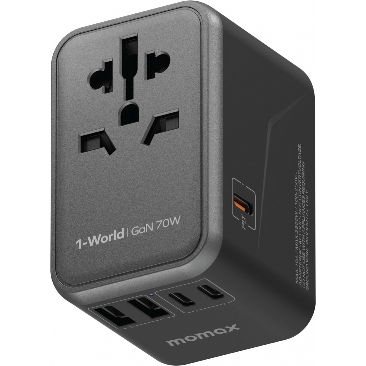 Momax 1-World 70W GaN旅行插座 | 5合1多口輸出 | 多國插頭 (黑色)
