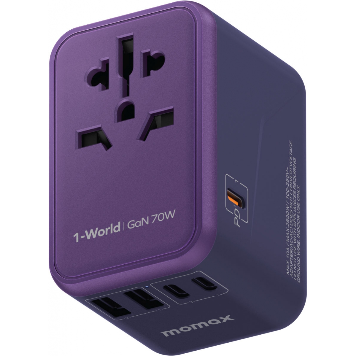 Momax 1-World 70W GaN旅行插座 | 5合1多口輸出 | 多國插頭 (紫色)