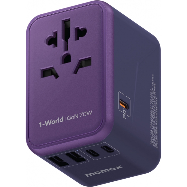 Momax 1-World 70W GaN旅行插座 | 5合1多口輸出 | 多國插頭 (紫色)