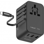 Momax UA18UKD 1-World+ | 3-Ports Travel Charger | Built-in USB-C Cable (GaN 70W) (Black)