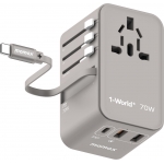 Momax UA18UKE 1-World+ | 3-Ports Travel Charger | Built-in USB-C Cable (GaN 70W) (Grey)
