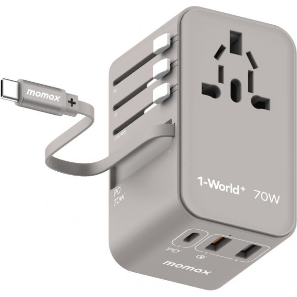 Momax 1-World+ 70W GaN旅行插座 | 內置伸縮USB-C線 | 多國插頭 (灰色)