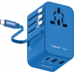 Momax UA18UKB 1-World+ | 3-Ports Travel Charger | Built-in USB-C Cable (GaN 70W) (Blue)