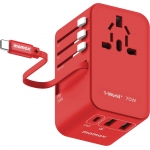 Momax UA18UKR 1-World+ | 3-Ports Travel Charger | Built-in USB-C Cable (GaN 70W) (Red)