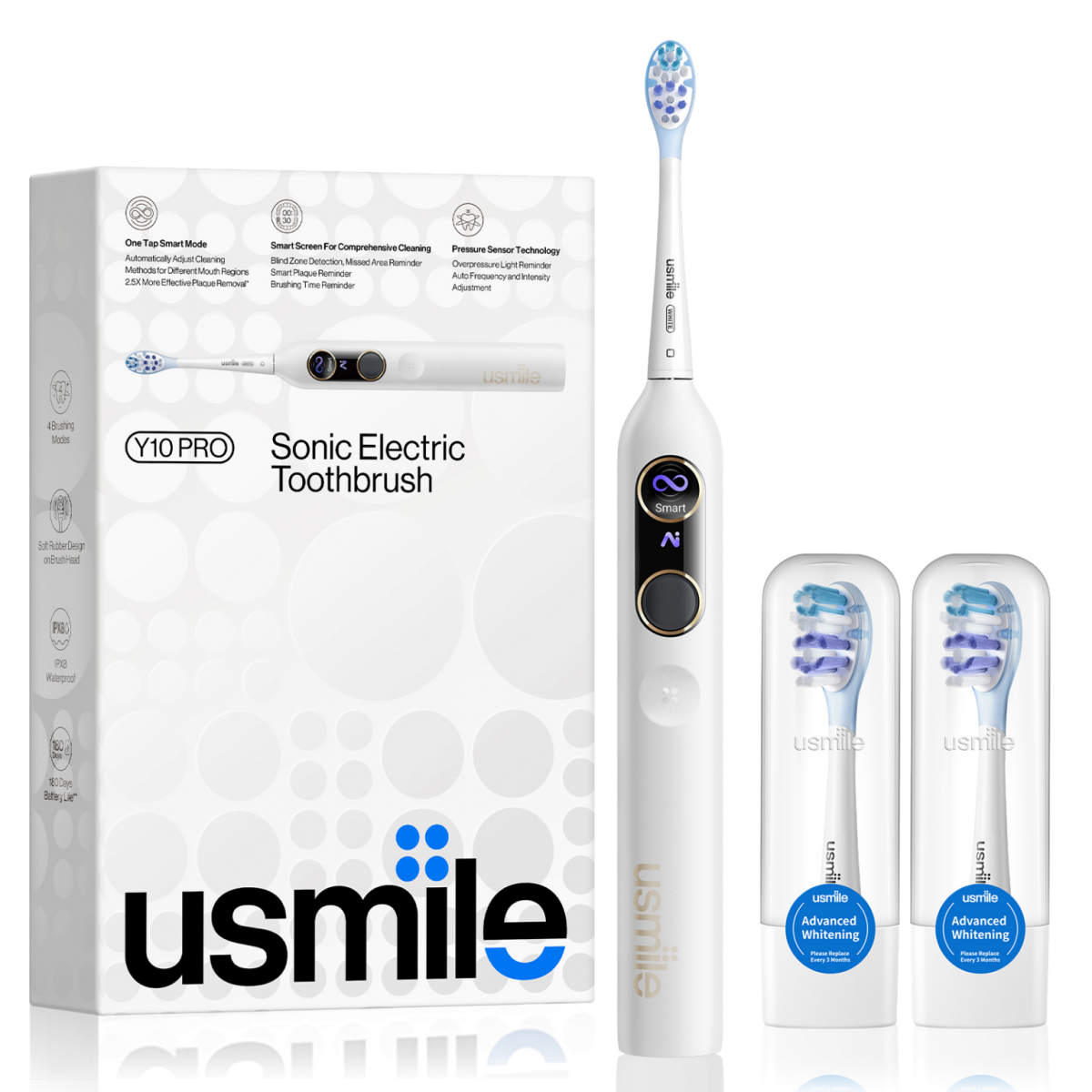 Usmile Y10 Pro 旗艦聲波震動智能電動牙刷 (白色): 可視化牙菌斑提醒、專利緩震、180天續航