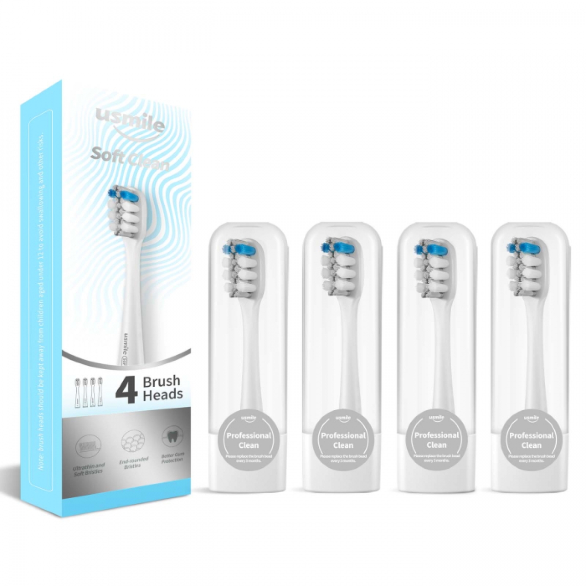 Usmile PRO03 柔軟潔淨牙刷刷頭 (4支裝): 3800根高密度刷毛、溫和護齦、杜邦認證