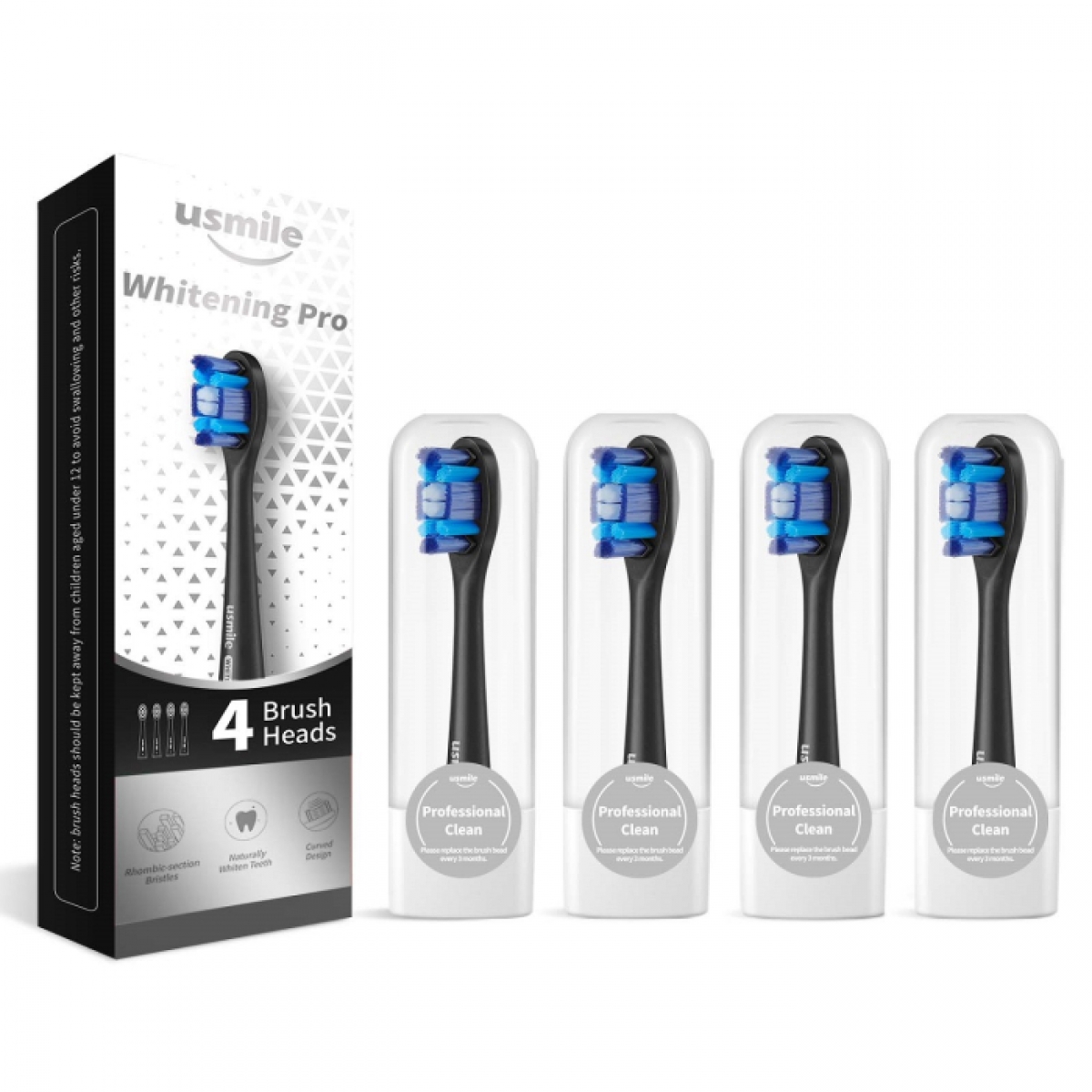 Usmile PCB01 專業美白刷頭 (黑色) (4支裝): 無銅植毛、99%抗菌、鑽石形刷毛