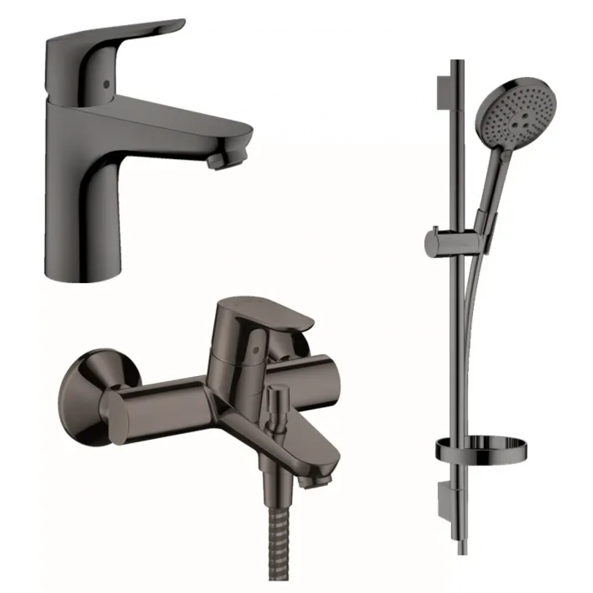 Hansgrohe Focus 面盆龍頭、浴缸龍頭與淋浴花灑套裝 (拋光黑鉻)