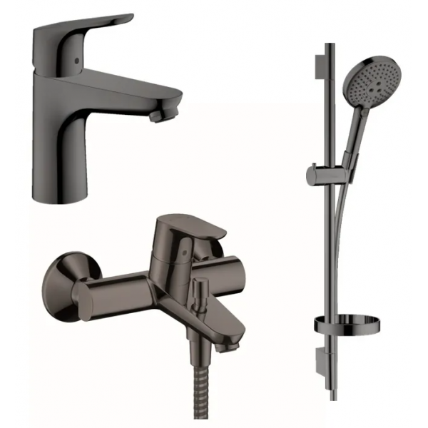 Hansgrohe Focus 面盆龍頭、浴缸龍頭與淋浴花灑套裝 (拋光黑鉻)