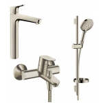 Hansgrohe Focus 230 高身水龍頭+Focus 單把手浴缸龍頭+Select S 淋浴花灑套裝 (拉絲鎳) (31531820+31940820+26630820)
