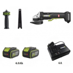 Worx 威克士 WU835 100毫米無碳急停調速角磨機 | 電子剎車 | 槳式開關 (4.0Ah電池x2, 6A充電器)
