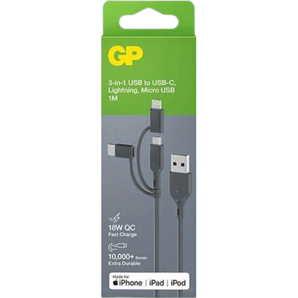 GP 超霸 GPACECY1N001 GP超霸1米3合1 USB-A至Lightning, USB-C & Micro-USB數據傳輸充電線CY1N