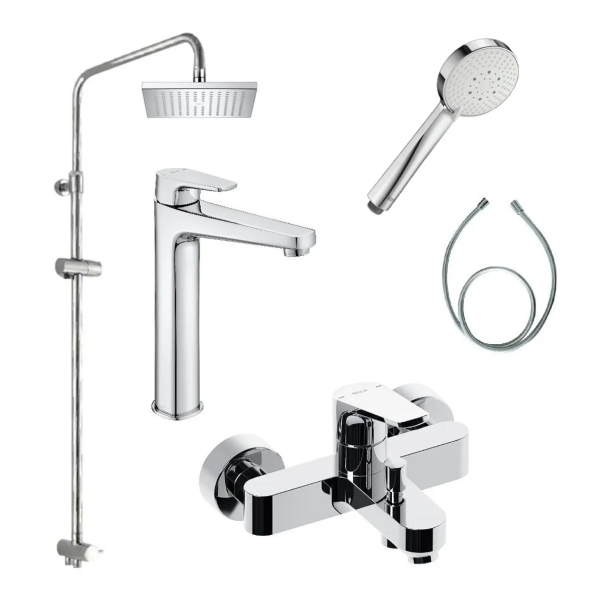 Roca Vela F4: 面盆、浴缸龍頭及方形淋浴花灑套裝