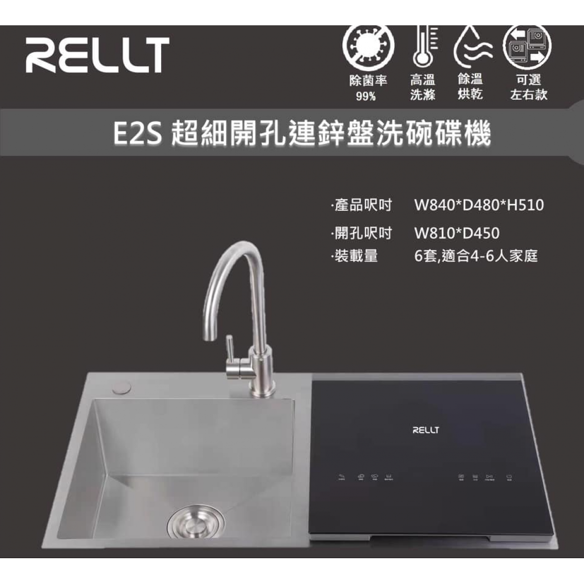Rellt E2S 84cm 6套標準餐具 嵌入式超細開孔連鋅盆洗碗碟機 (凸蓋左款)