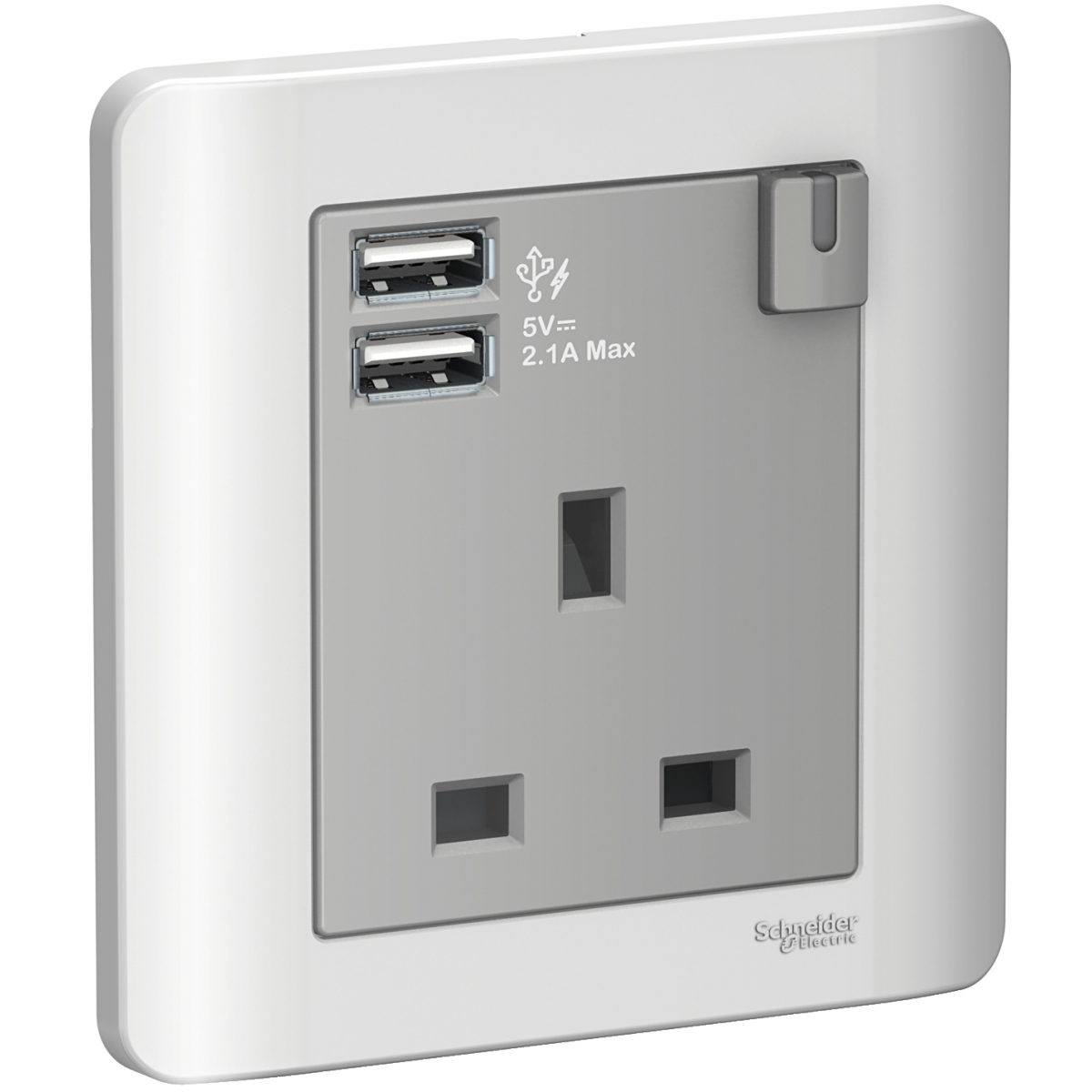 Schneider Electric Zencelo 13A 單位連保護門有掣插座連兩位USB充電座 (銀灰色)