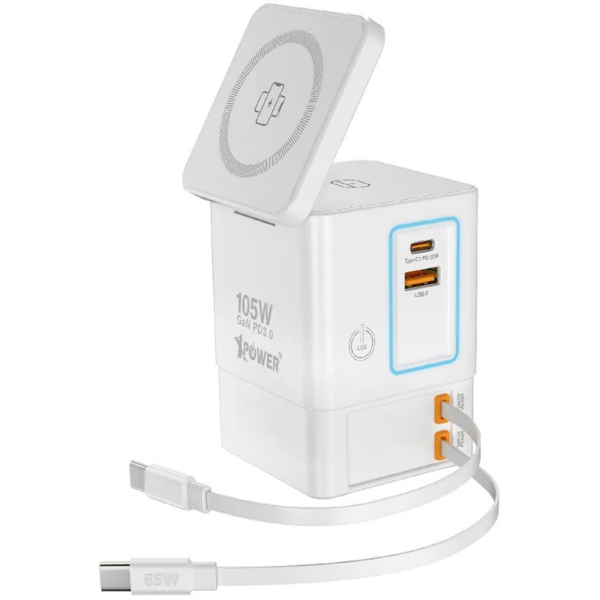 XPower RN105 Qi2 6輸出 105W GaN塔式充電器（白色）：GaN晶片、雙伸縮線、多重安全保護