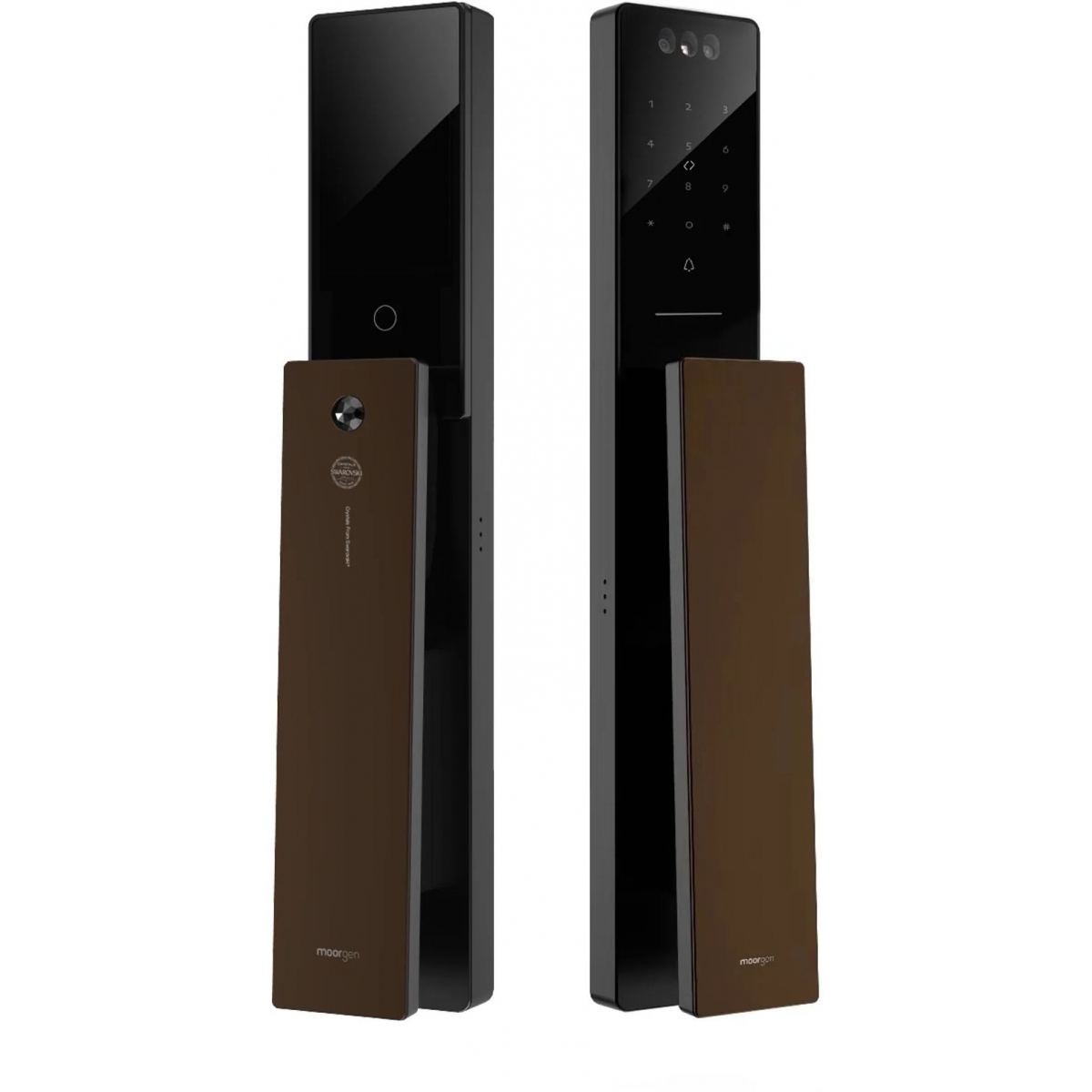 Moorgen T5+系列 Swarovski 黑色水晶按鈕 貓眼智能電子門鎖 (雲母黑/深啡色把手)
