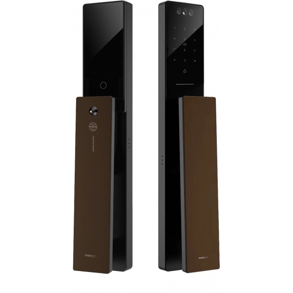Moorgen T5+系列 Swarovski 黑色水晶按鈕 貓眼智能電子門鎖 (雲母黑/深啡色把手)