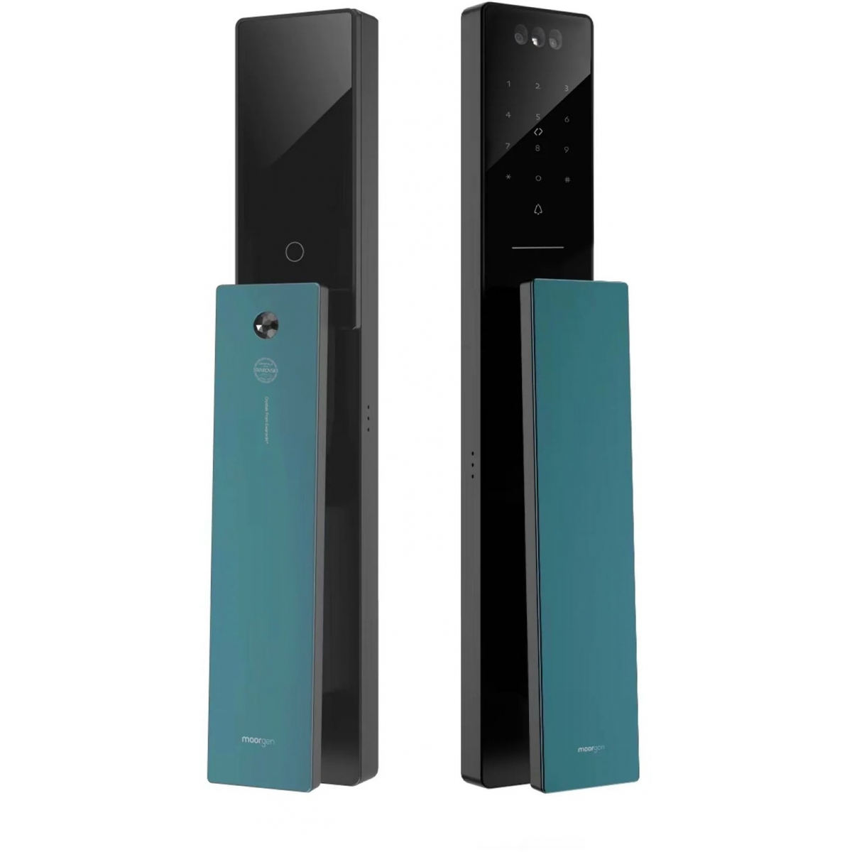 Moorgen T5+系列 Swarovski 黑色水晶按鈕 貓眼智能電子門鎖 (雲母黑/夢幻藍把手)