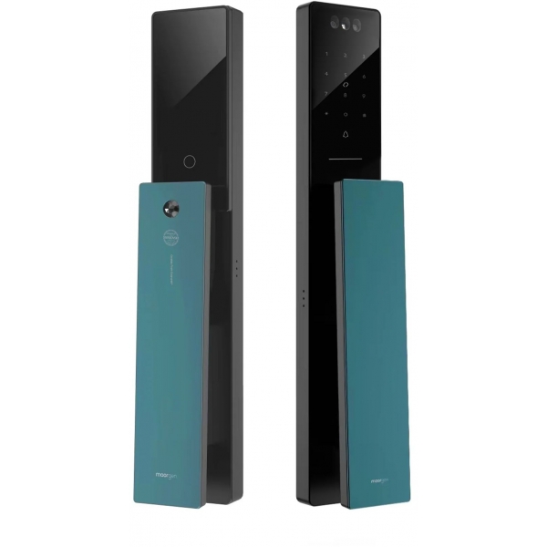 Moorgen T5+系列 Swarovski 黑色水晶按鈕 貓眼智能電子門鎖 (雲母黑/夢幻藍把手)