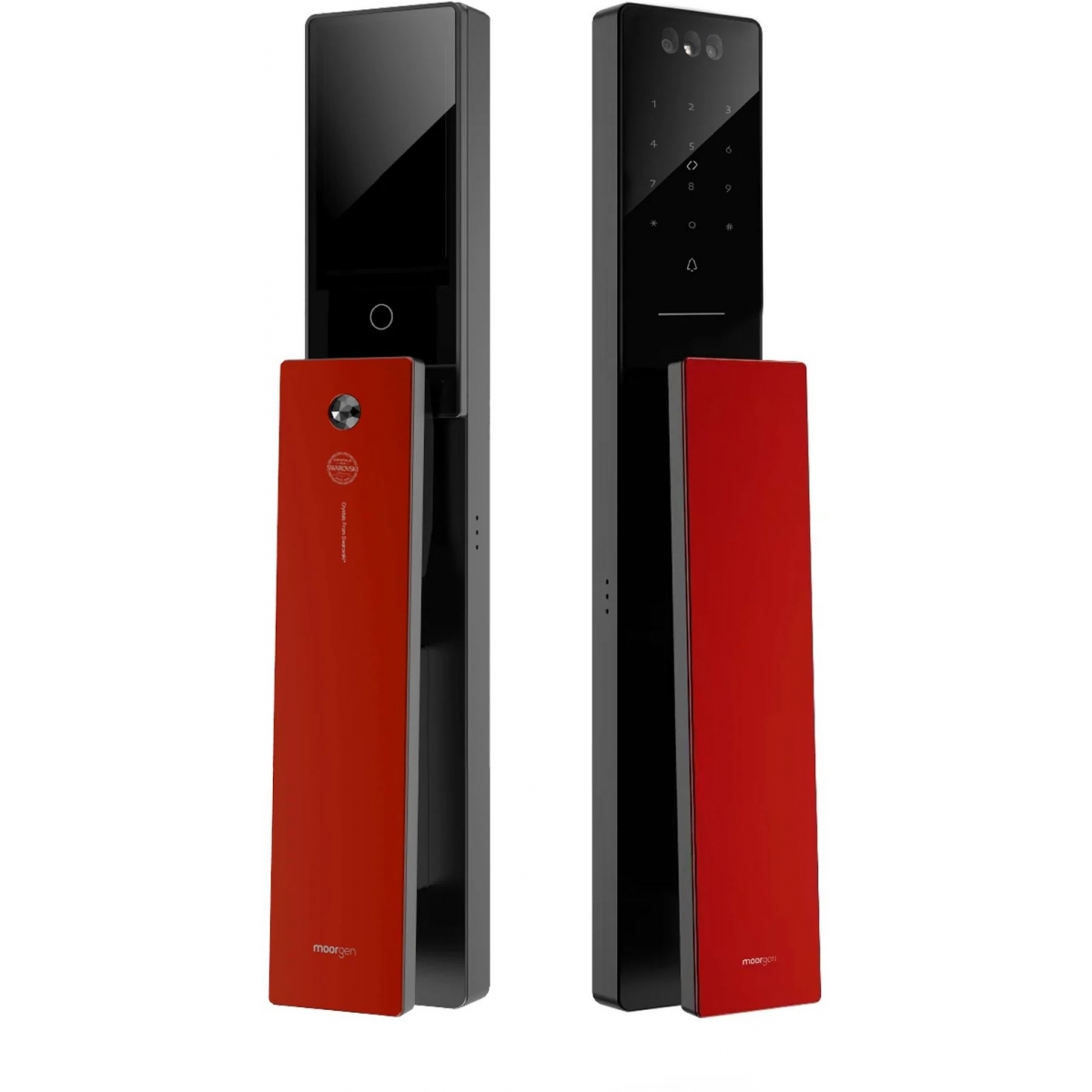 Moorgen T5+系列 Swarovski 黑色水晶按鈕貓眼智能門鎖 (把手: 雲母黑+法拉利紅)