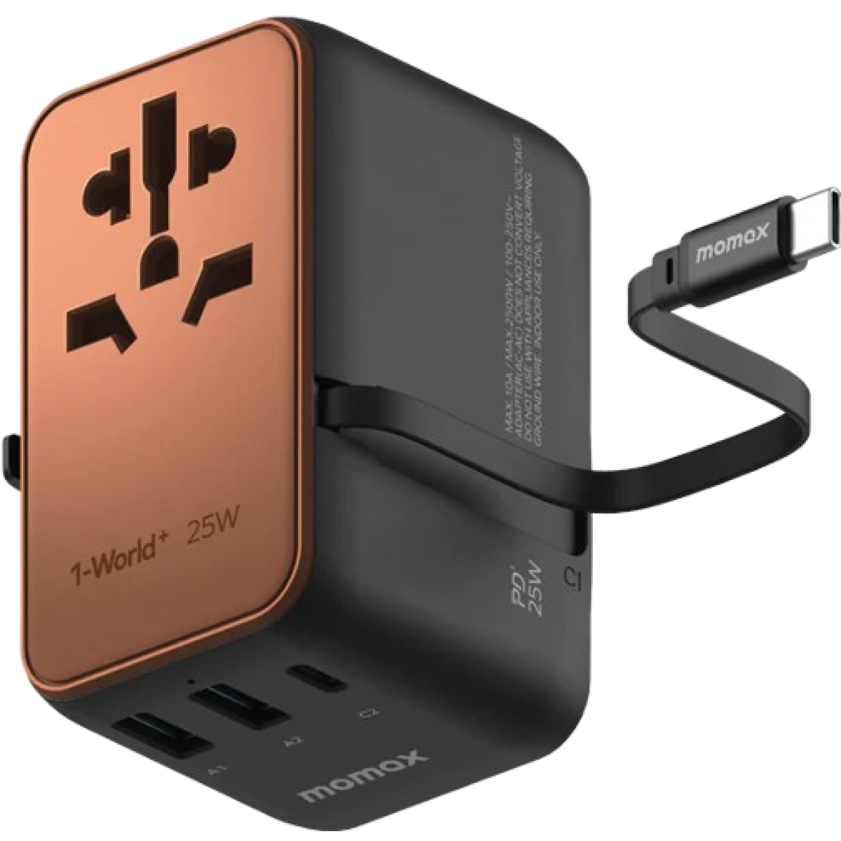 Momax 1-World+ UA20UKL2 25W旅行插座 | 內置伸縮線 | 4個USB