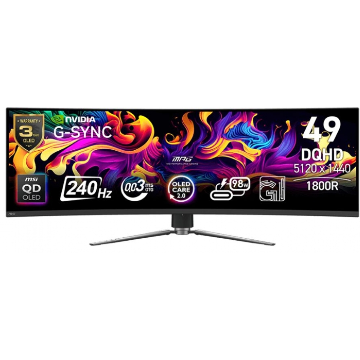 MSI MPG 491CQPX 49吋 QD-OLED DQHD 240Hz 曲面電競顯示器｜1800R 曲率、0.03ms 反應時間