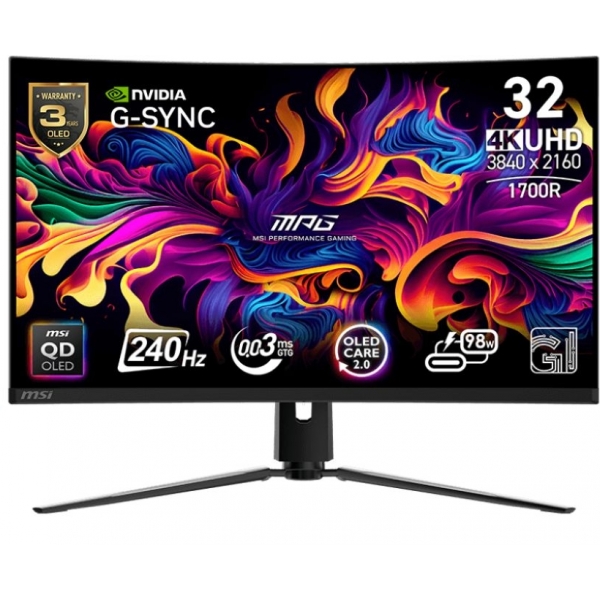 MSI MPG 321CURX 32吋 4K QD-OLED 240Hz 曲面電競顯示器｜1700R 曲率、OLED Care 2.0