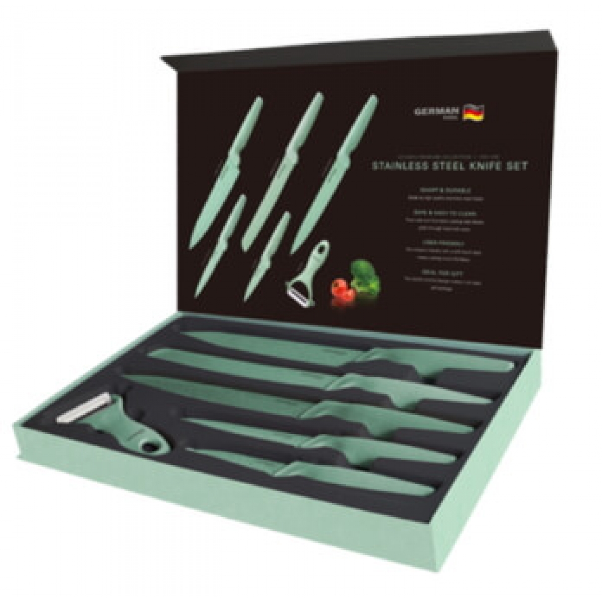 German Pool 德國寶 KSW-SET6-GN 不銹鋼廚刀套裝 (6件裝) (綠色) - 食品級不黏塗層、小麥纖維刀柄